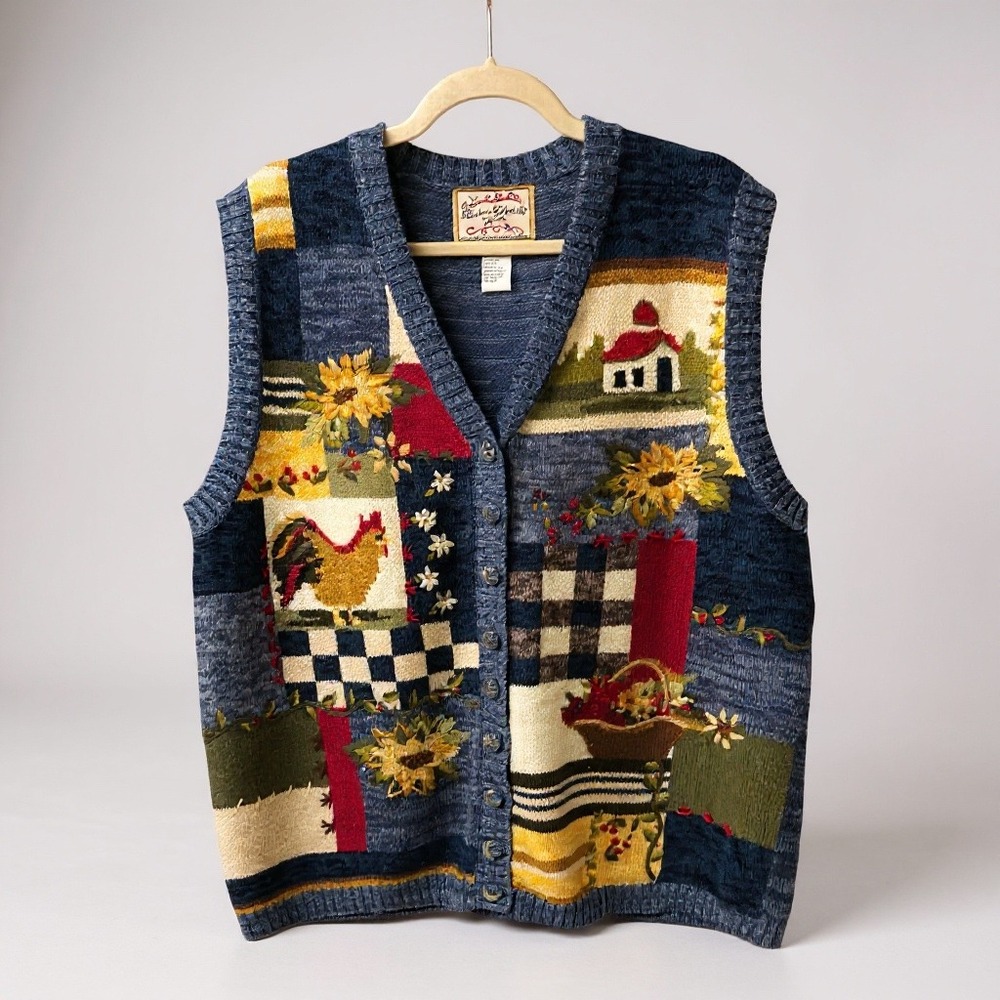 Heirloom Collectibles Vest 1X Womens Blue Farmhouse Embroidered Patchwork Vest